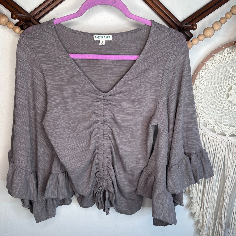 Earthbound Trading Lavender Ruched Front Ruffle Sleeve Top